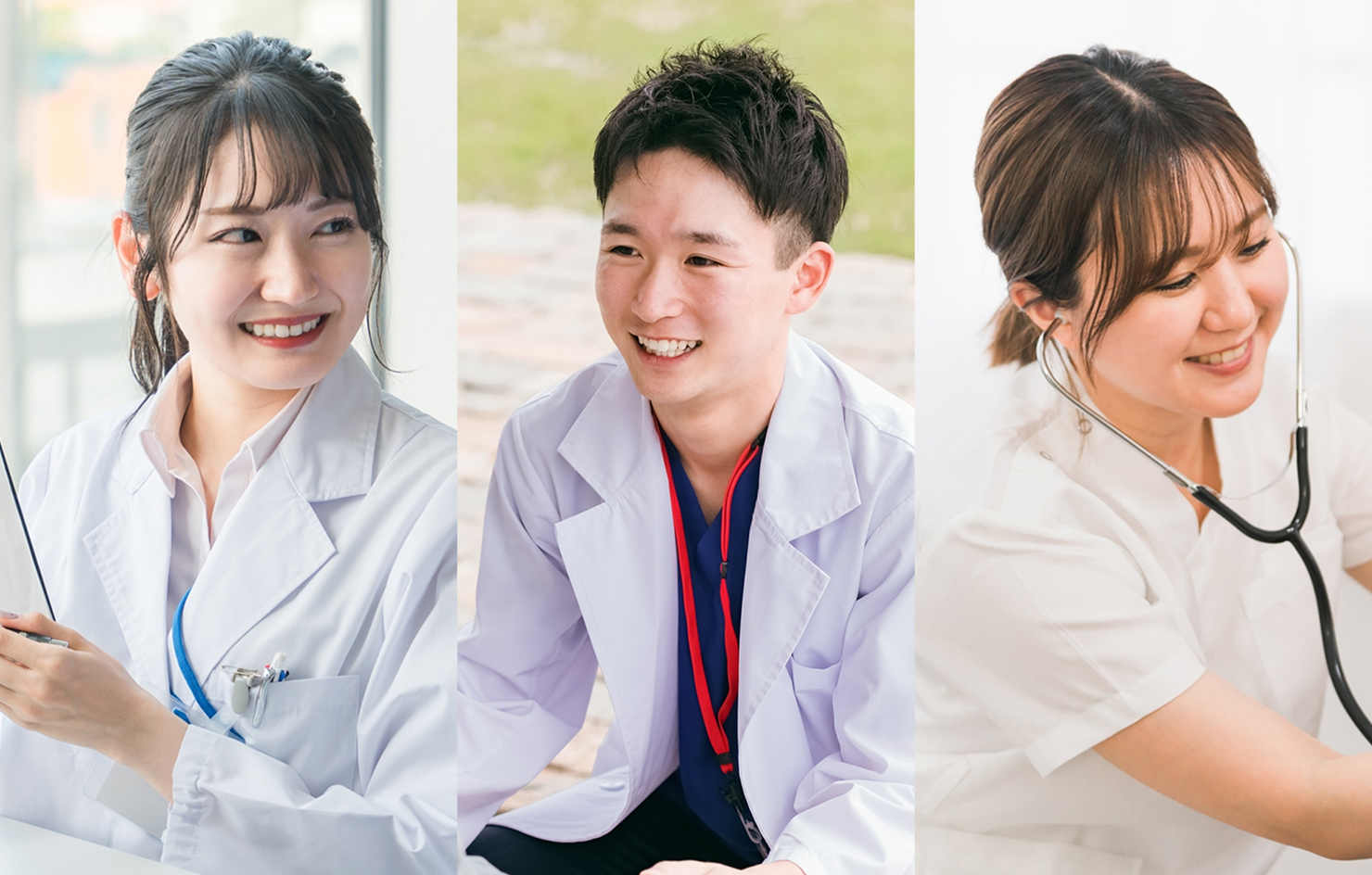 若手のメディカルクラーク・医師・看護師が笑顔で医療に従事している様子の画像