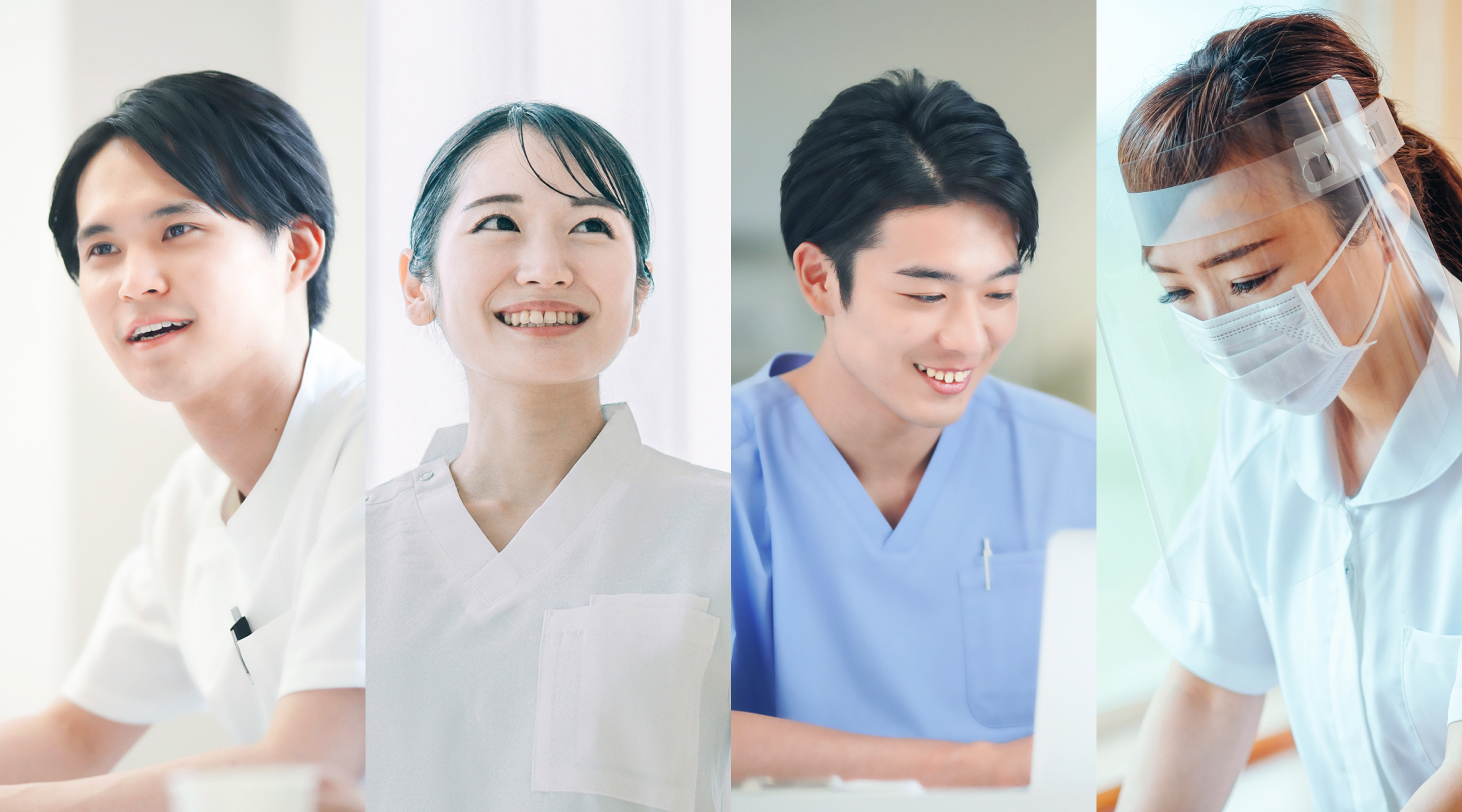 医師・メディカルクラーク・看護師の若手4人がそれぞれに笑顔で医療従事している様子の画像